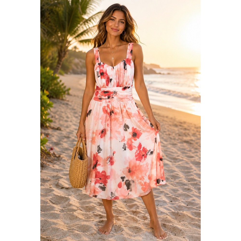 Maurice's Floral Midi Dress Coral Pink Poppy Ruched Waist Sz 0(14/16)